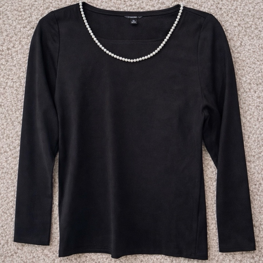 Ann Taylor Black Long Sleeve Shirt with Pearl Neckline